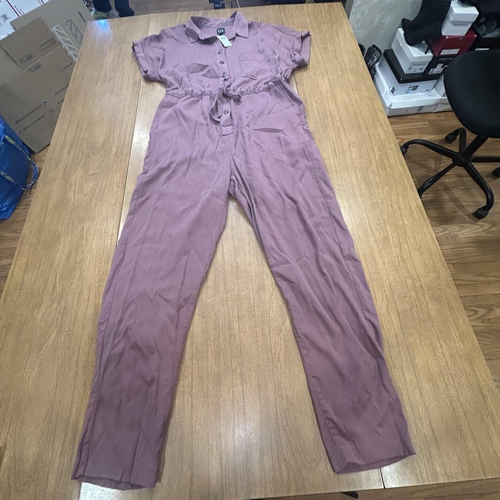 Gap Jumpsuit Women 6 Purple Short Sleeve Button Front Collared Pockets Twill